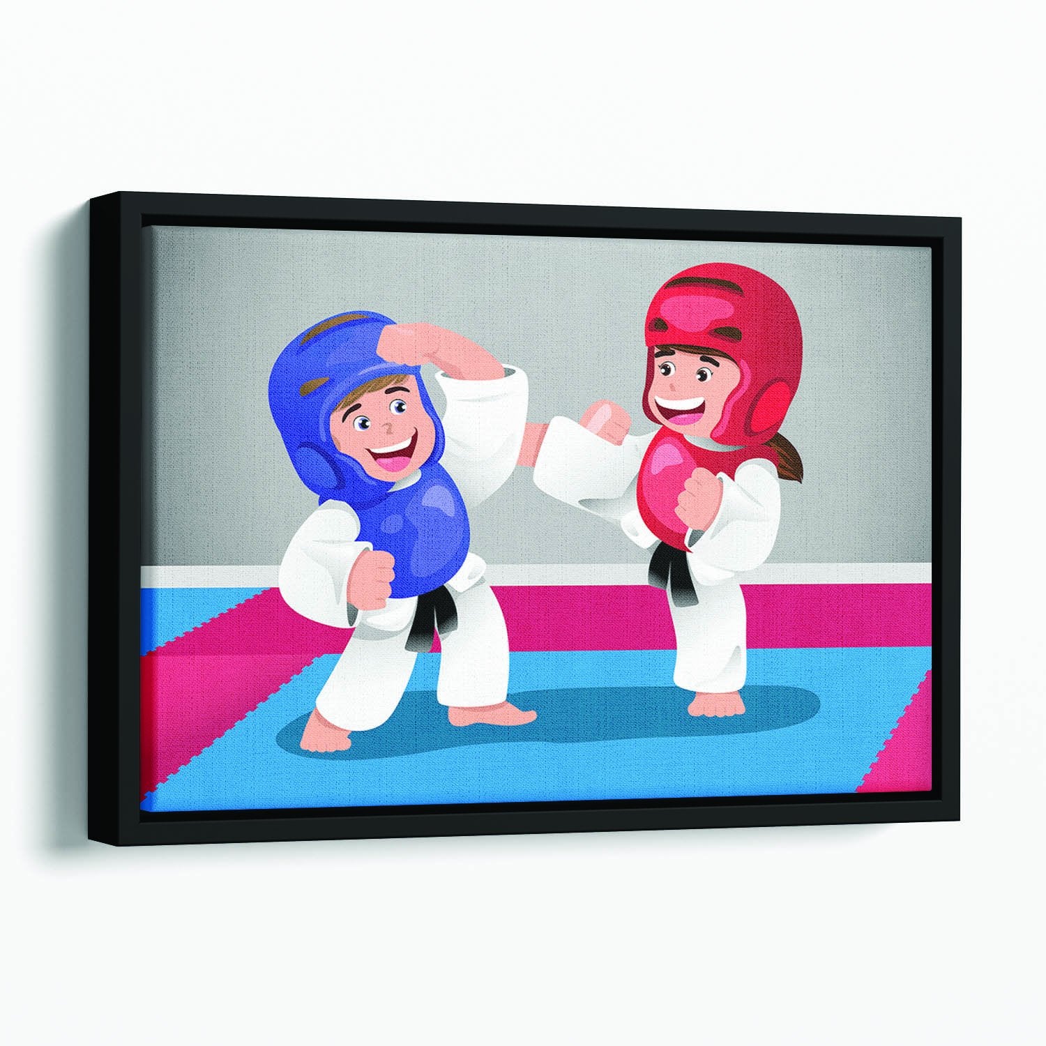 Kids practicing taekwondo in a dojo Floating Framed Canvas