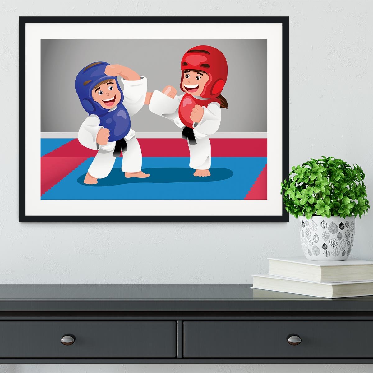 Kids practicing taekwondo in a dojo Framed Print - Canvas Art Rocks - 1