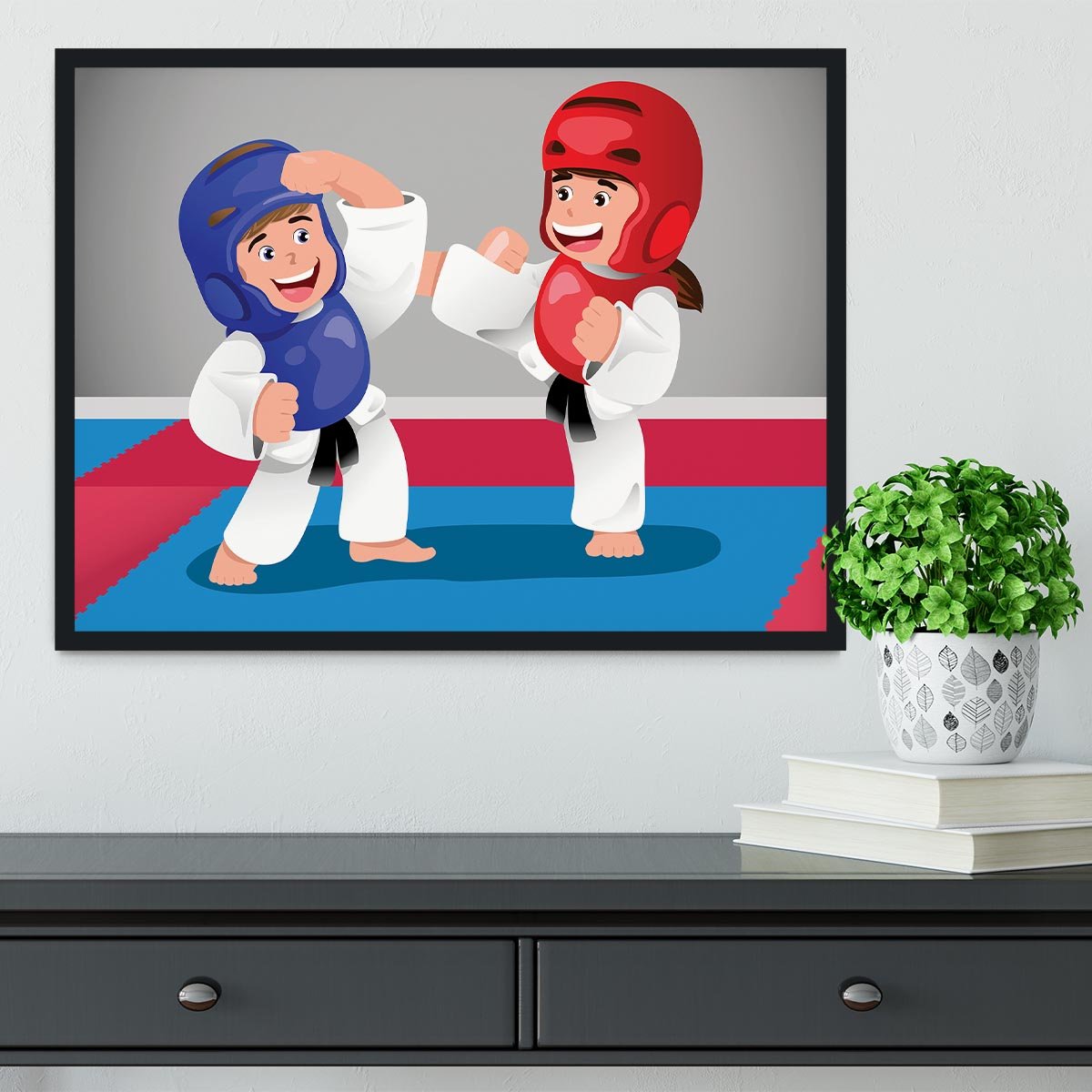 Kids practicing taekwondo in a dojo Framed Print - Canvas Art Rocks - 2