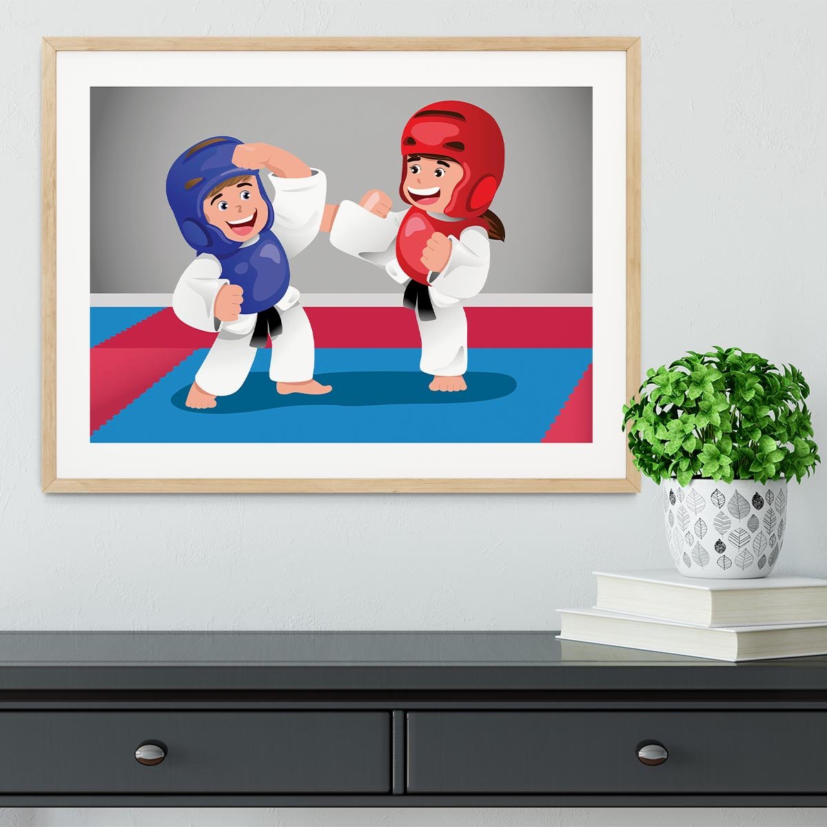 Kids practicing taekwondo in a dojo Framed Print - Canvas Art Rocks - 3