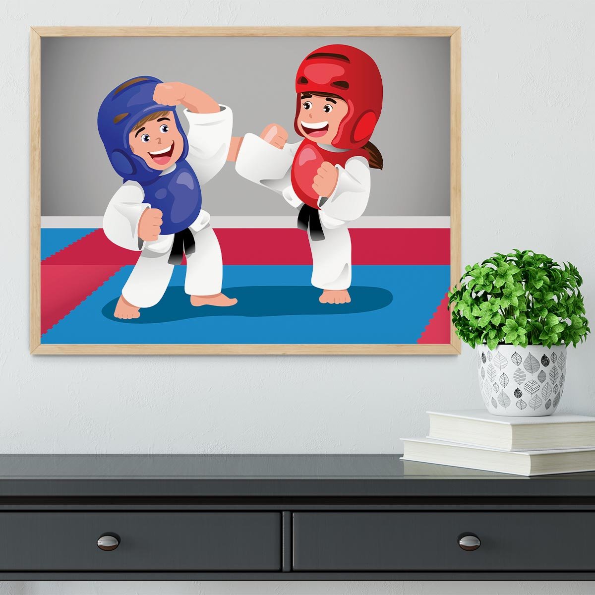 Kids practicing taekwondo in a dojo Framed Print - Canvas Art Rocks - 4