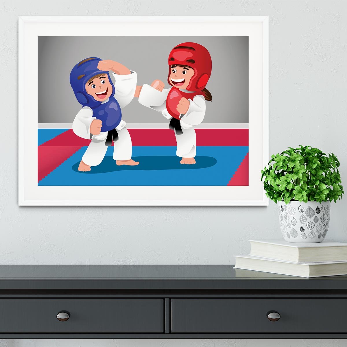 Kids practicing taekwondo in a dojo Framed Print - Canvas Art Rocks - 5