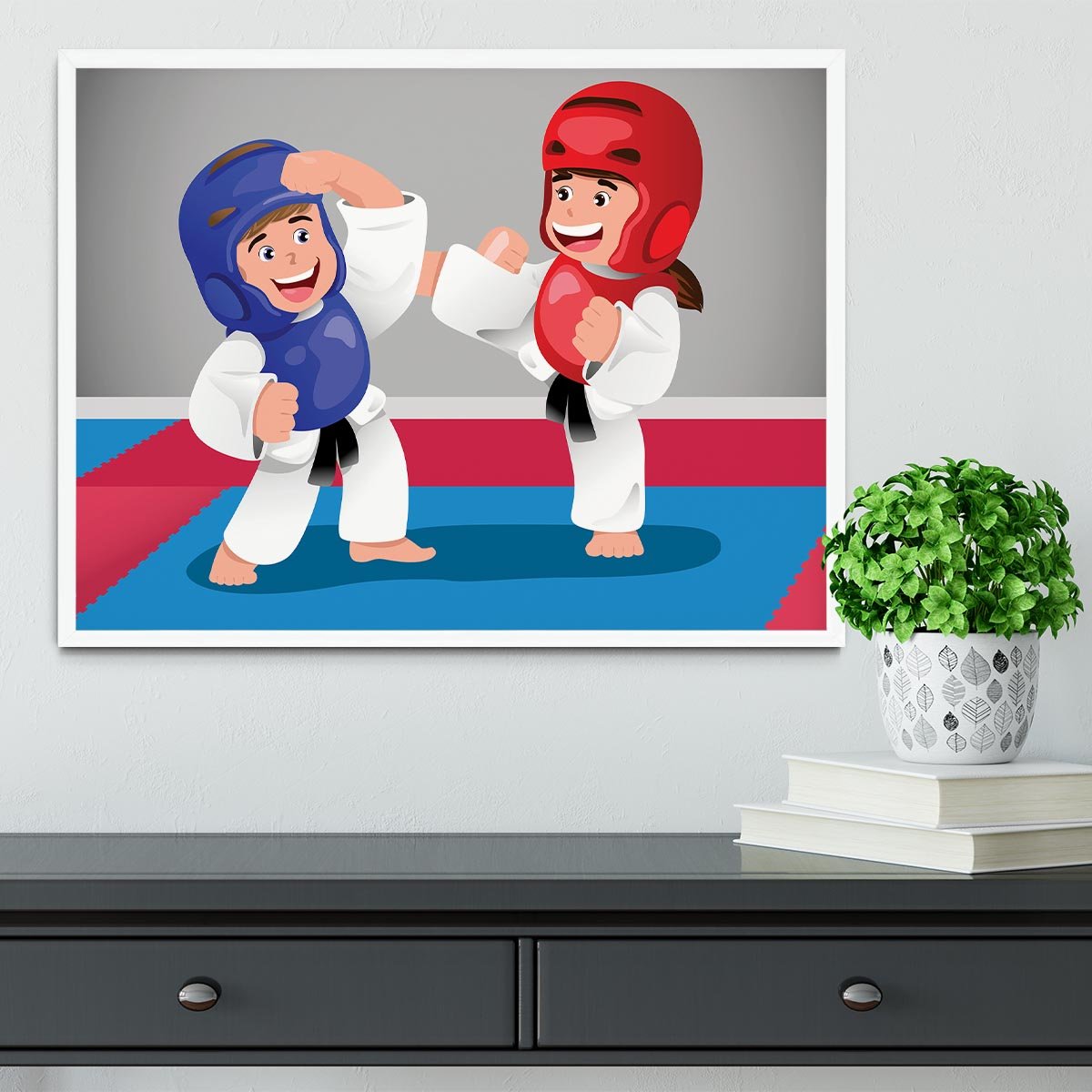Kids practicing taekwondo in a dojo Framed Print - Canvas Art Rocks -6