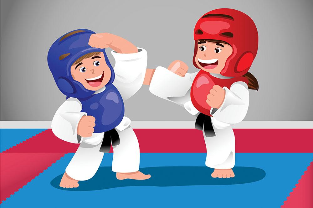Kids practicing taekwondo in a dojo Wall Mural Wallpaper - Canvas Art Rocks - 1
