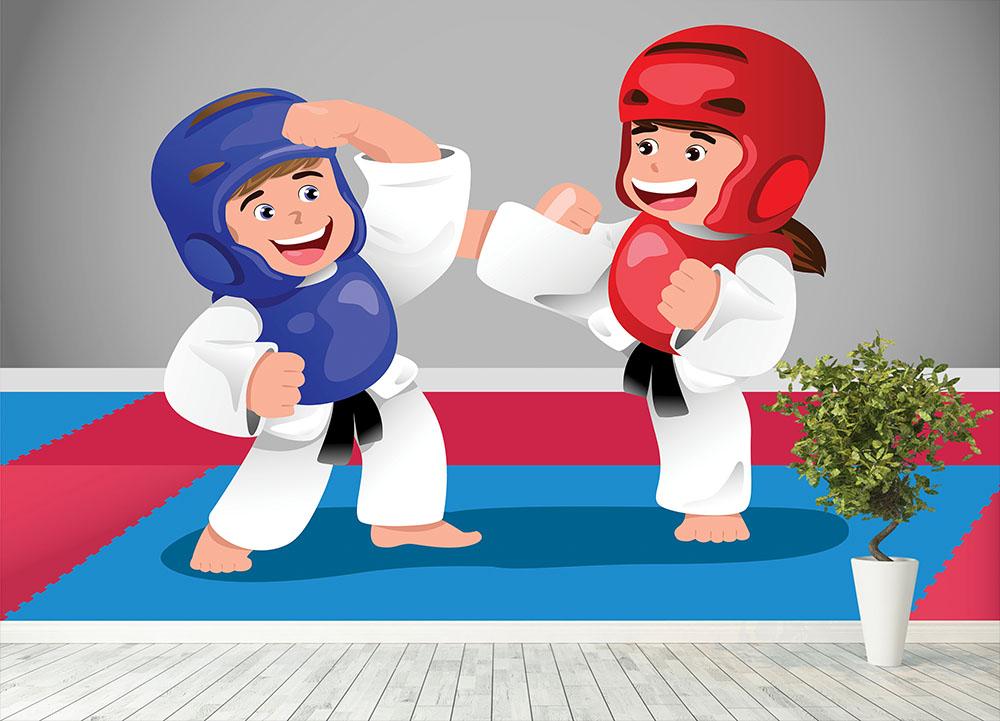 Kids practicing taekwondo in a dojo Wall Mural Wallpaper - Canvas Art Rocks - 4