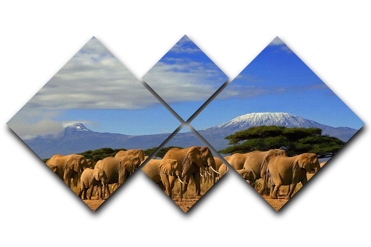 Kilimanjaro And Elephants 4 Square Multi Panel Canvas - Canvas Art Rocks - 1
