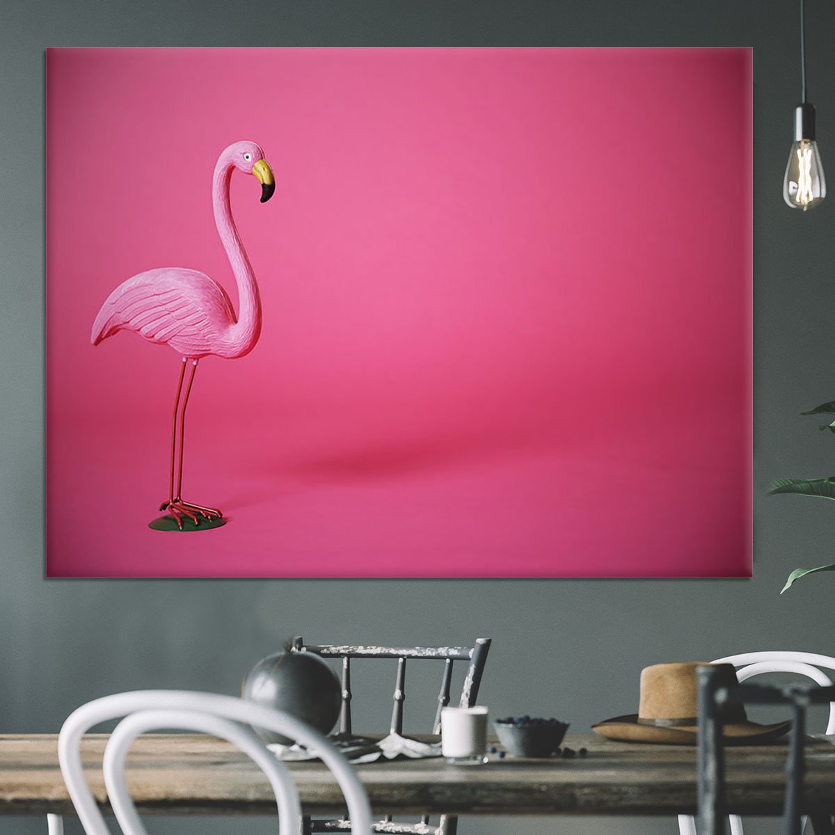 Kitsch pink flamingo in studio Canvas Print or Poster