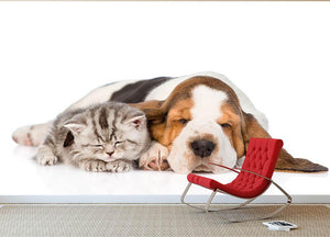 Kitten and puppy sleeping together. isolated on white background Wall Mural Wallpaper - Canvas Art Rocks - 2