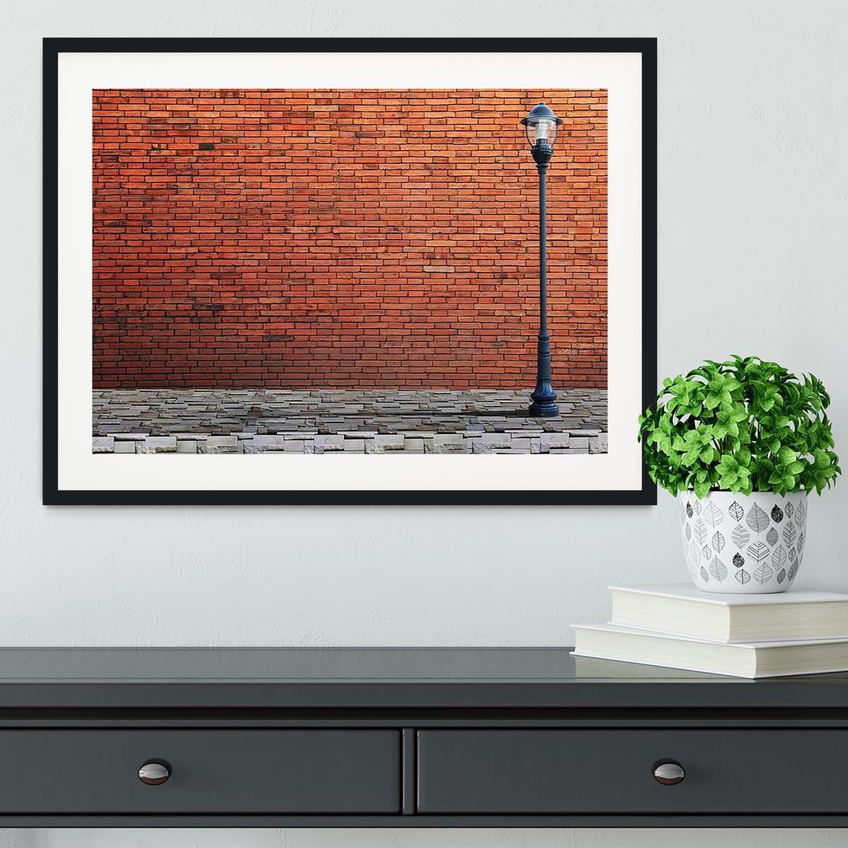 Lamp post street on brick Framed Print - Canvas Art Rocks - 1