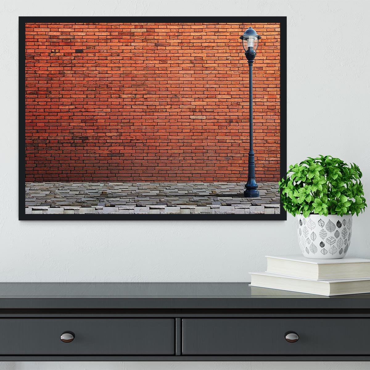 Lamp post street on brick Framed Print - Canvas Art Rocks - 2