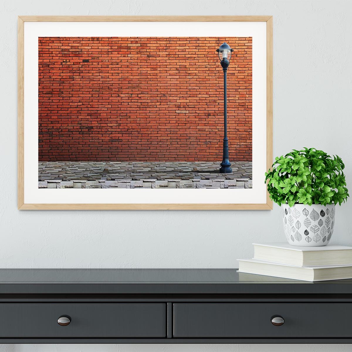 Lamp post street on brick Framed Print - Canvas Art Rocks - 3