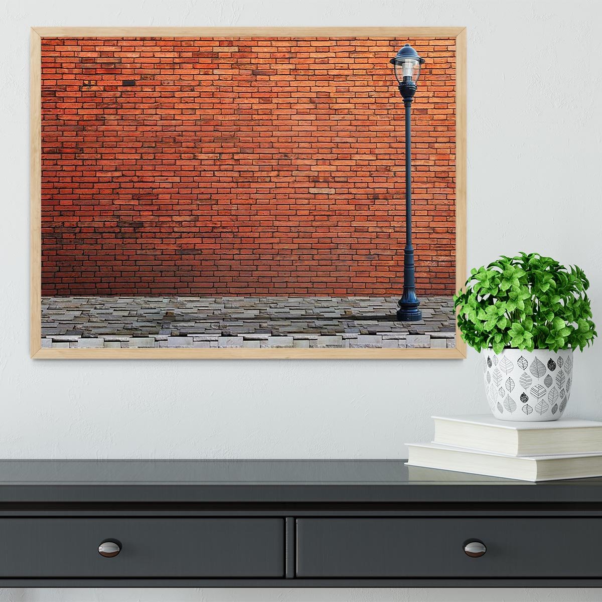 Lamp post street on brick Framed Print - Canvas Art Rocks - 4