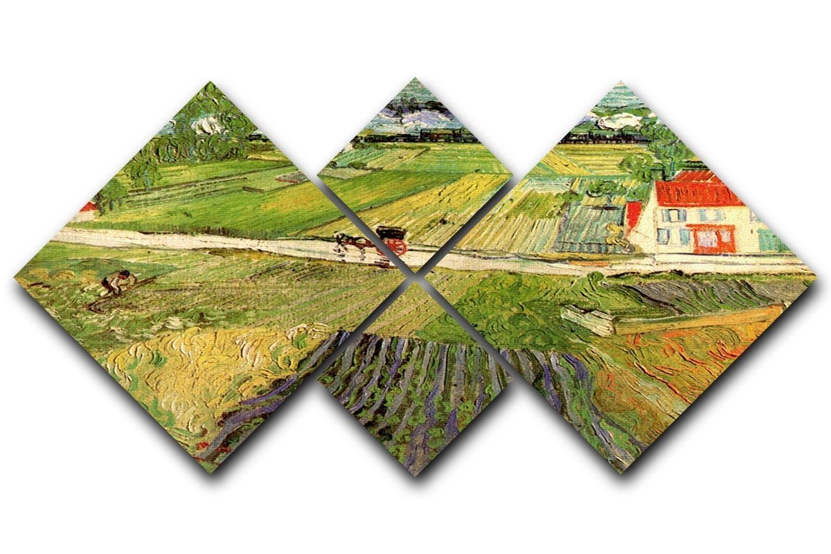 Landscape with Carriage and Train in the Background by Van Gogh 4 Square Multi Panel Canvas  - Canvas Art Rocks - 1