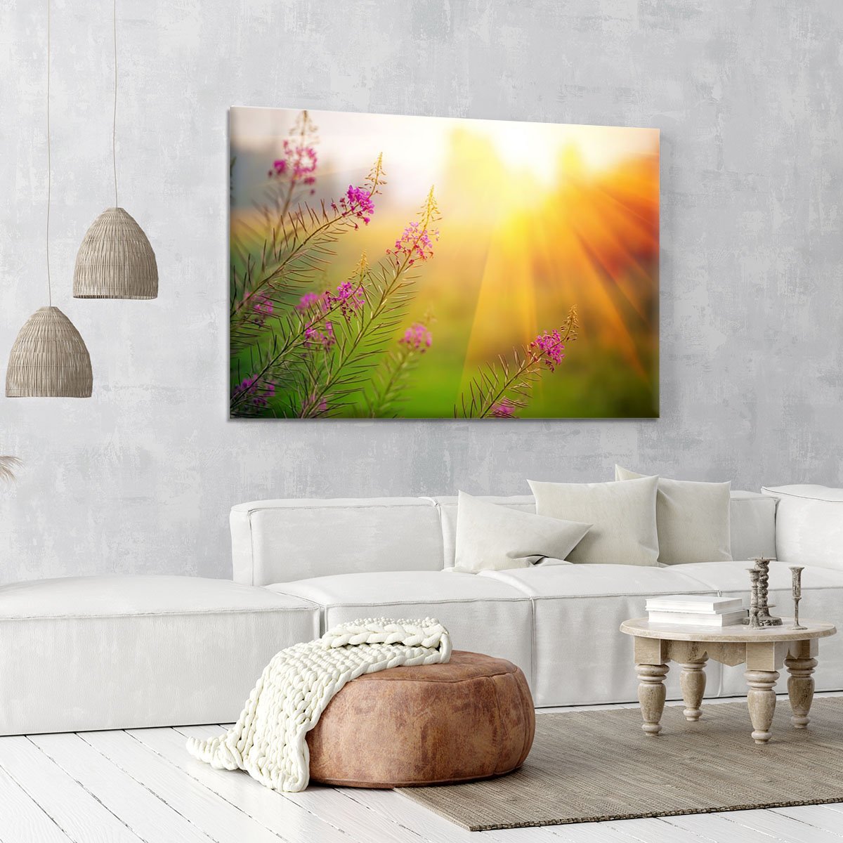 Landscape with Fireweed at sunny summer Canvas Print or Poster