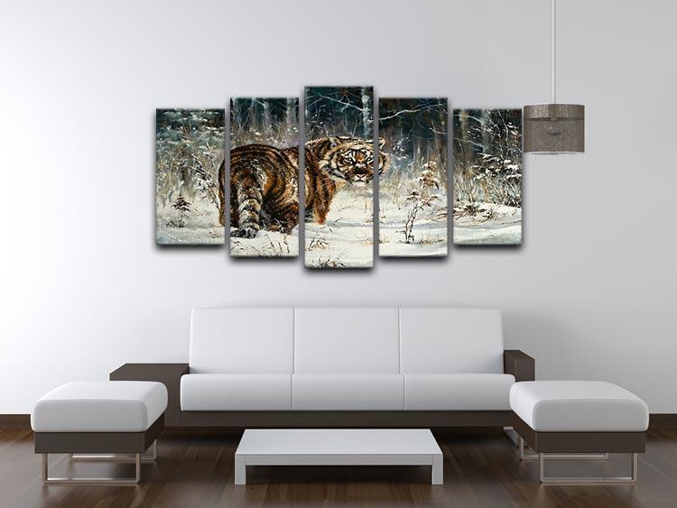 Landscape with a tiger in winter wood 5 Split Panel Canvas - Canvas Art Rocks - 3