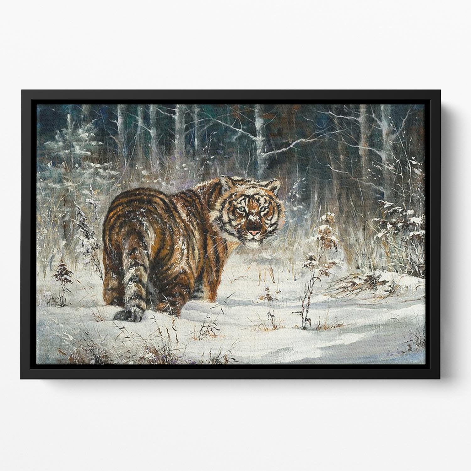 Landscape with a tiger in winter wood Floating Framed Canvas - Canvas Art Rocks - 2