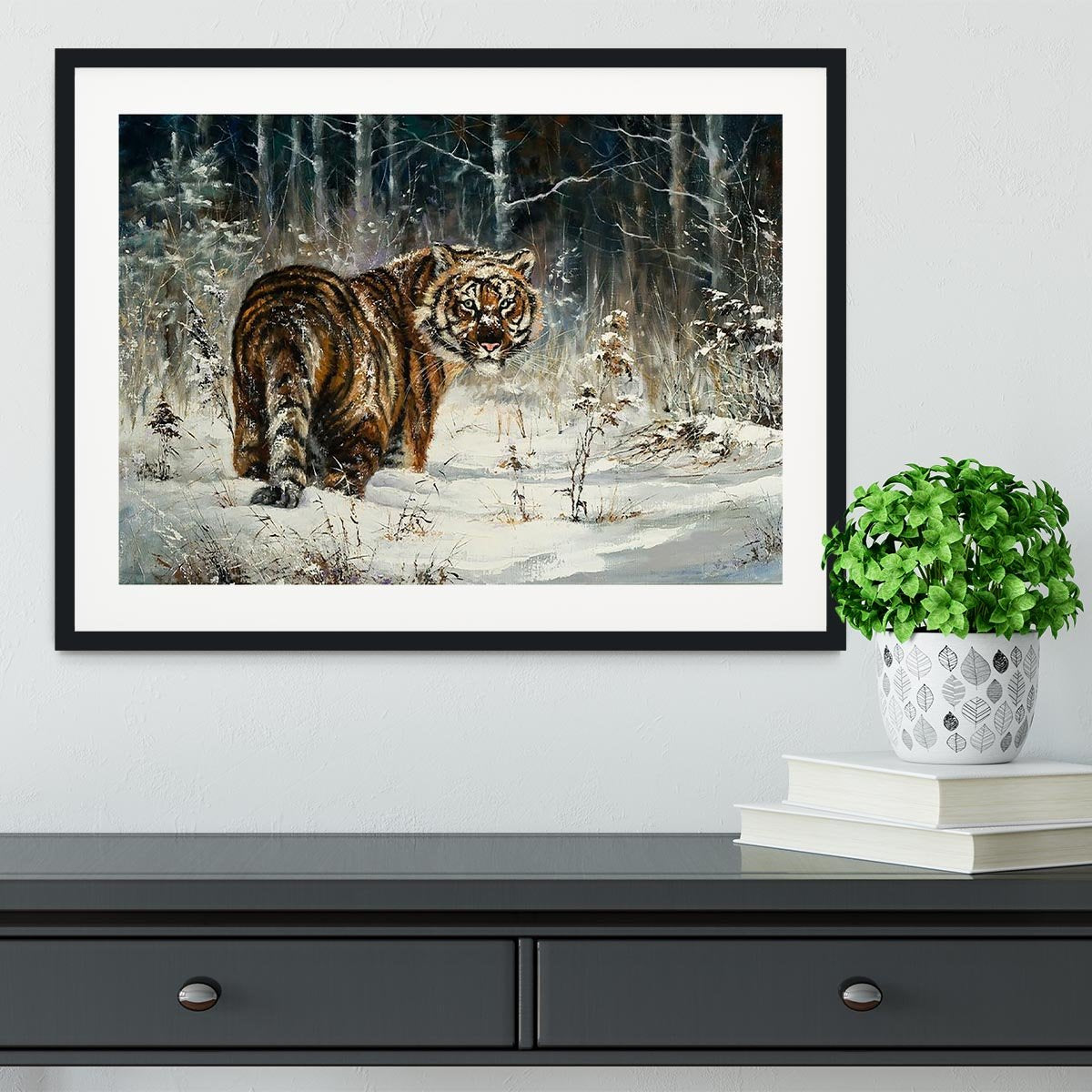 Landscape with a tiger in winter wood Framed Print - Canvas Art Rocks - 1
