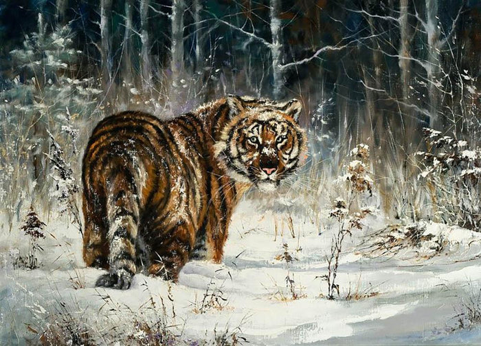 Landscape with a tiger in winter wood Wall Mural Wallpaper