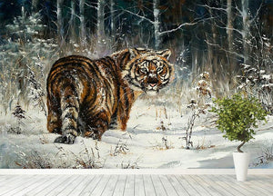 Landscape with a tiger in winter wood Wall Mural Wallpaper - Canvas Art Rocks - 4