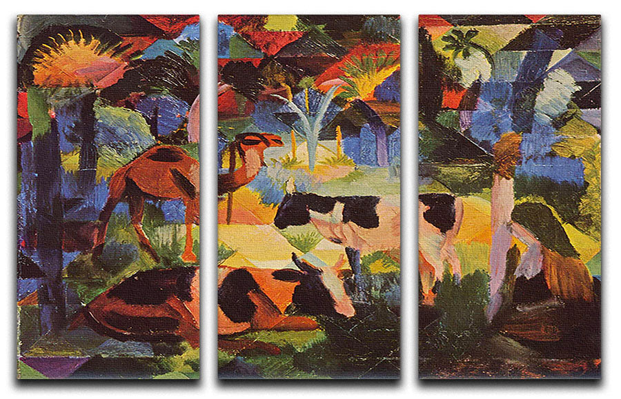 Landscape with cows and camels by Macke 3 Split Panel Canvas Print - Canvas Art Rocks - 1