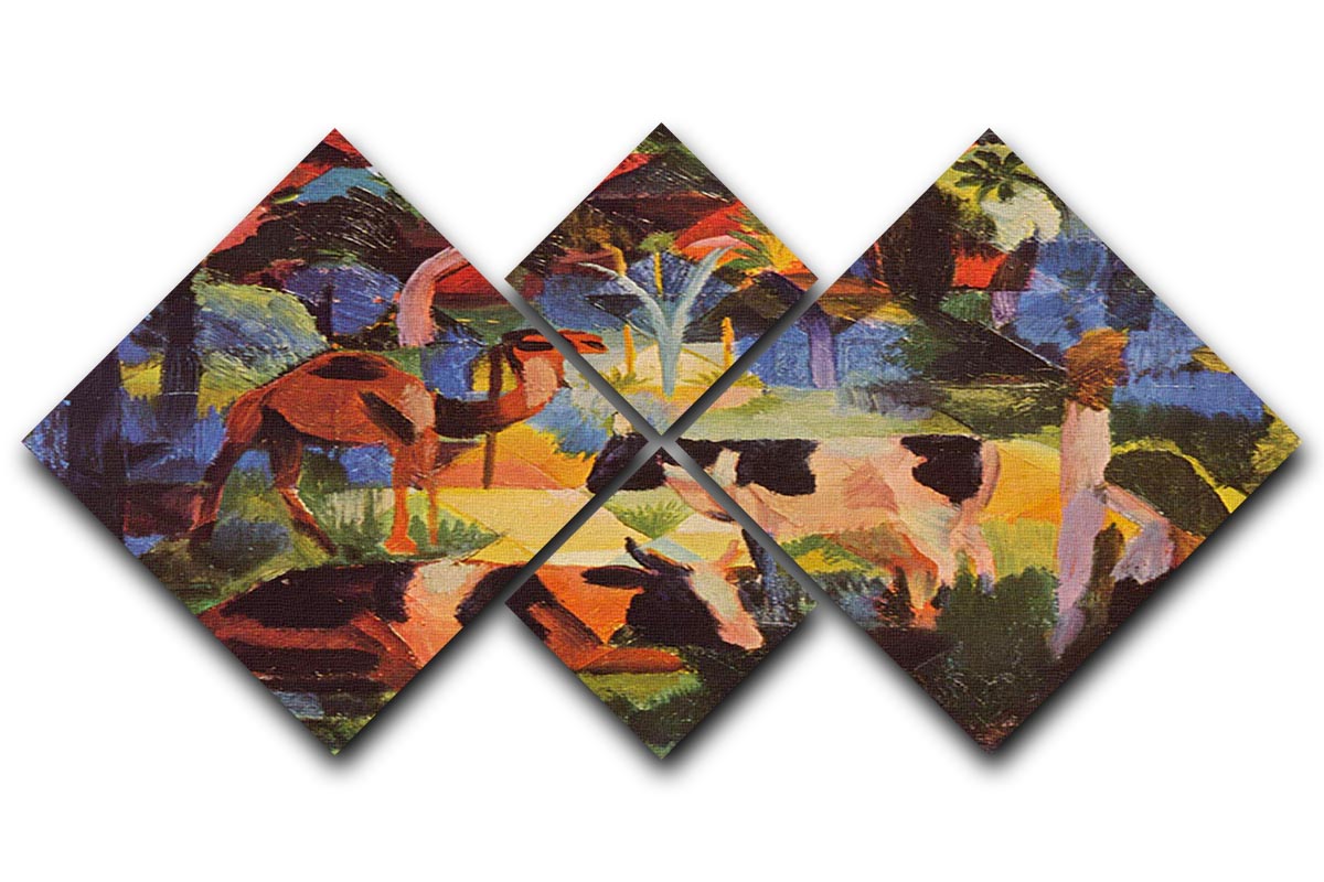 Landscape with cows and camels by Macke 4 Square Multi Panel Canvas - Canvas Art Rocks - 1