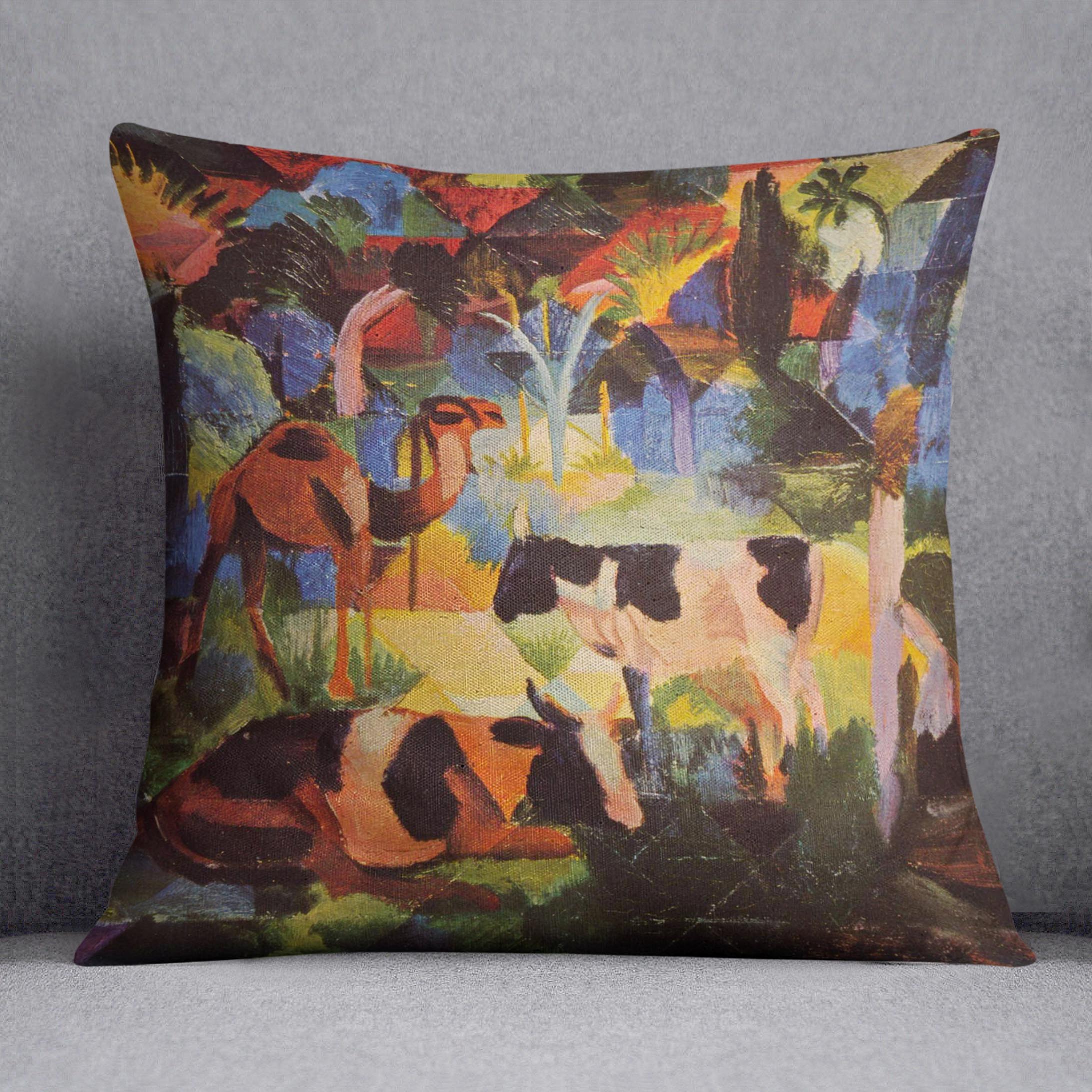 Landscape with cows and camels by Macke Cushion - Canvas Art Rocks - 1