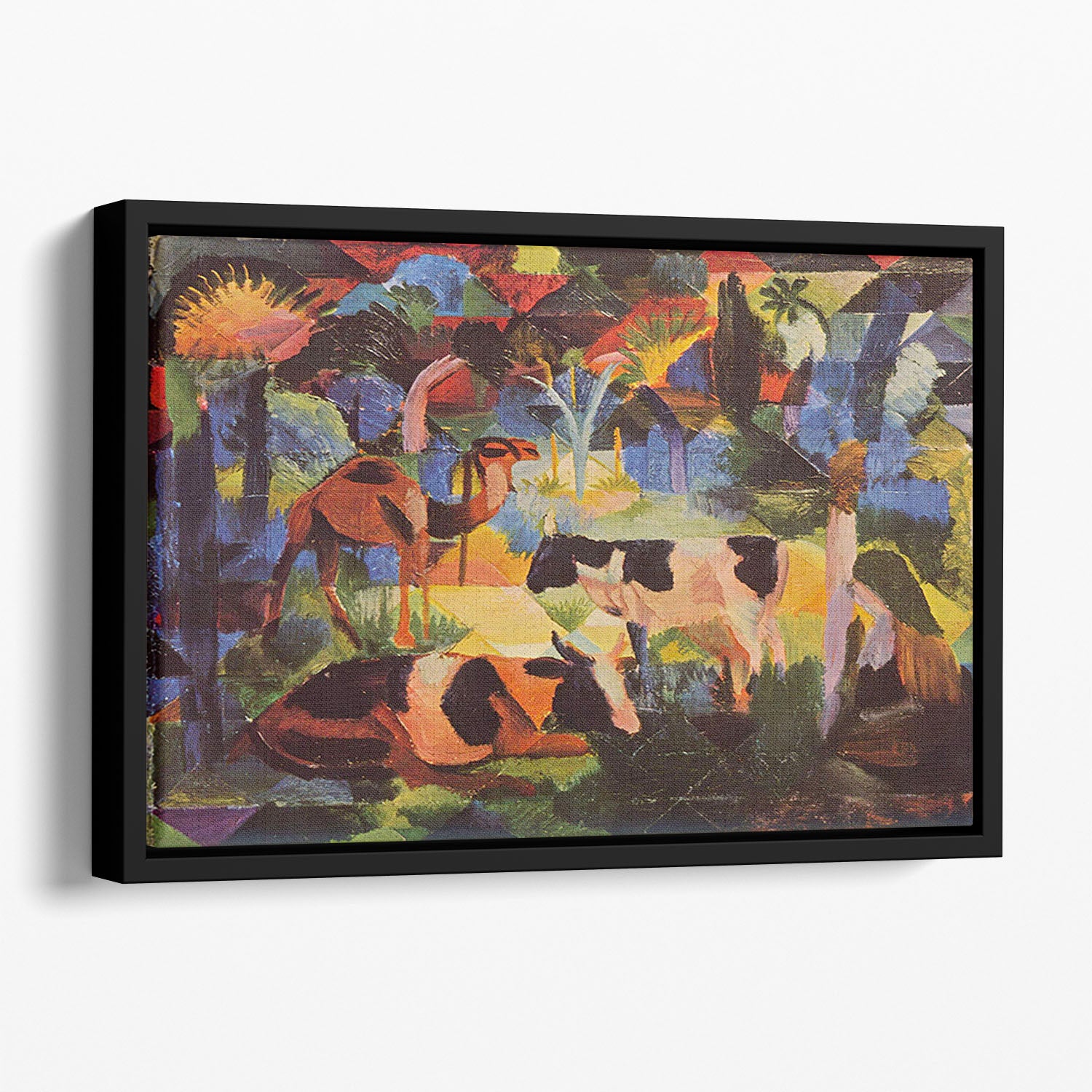 Landscape with cows and camels by Macke Floating Framed Canvas - Canvas Art Rocks - 1
