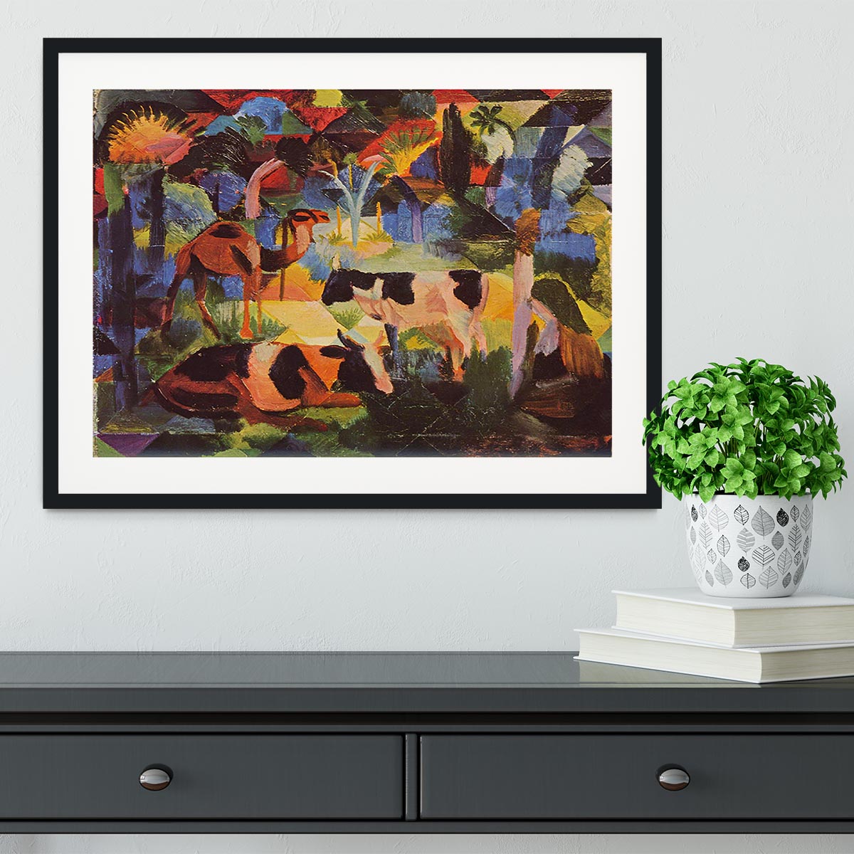 Landscape with cows and camels by Macke Framed Print - Canvas Art Rocks - 1