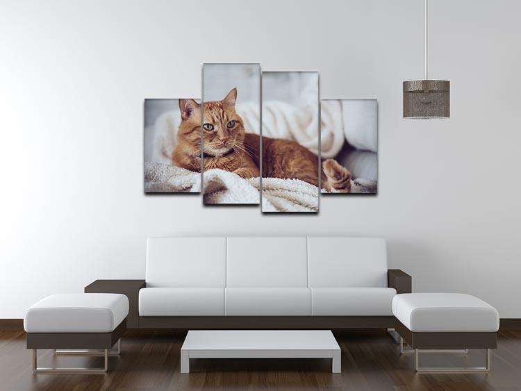 Large home fluffy ginger cat lying on the sofa 4 Split Panel Canvas - Canvas Art Rocks - 3
