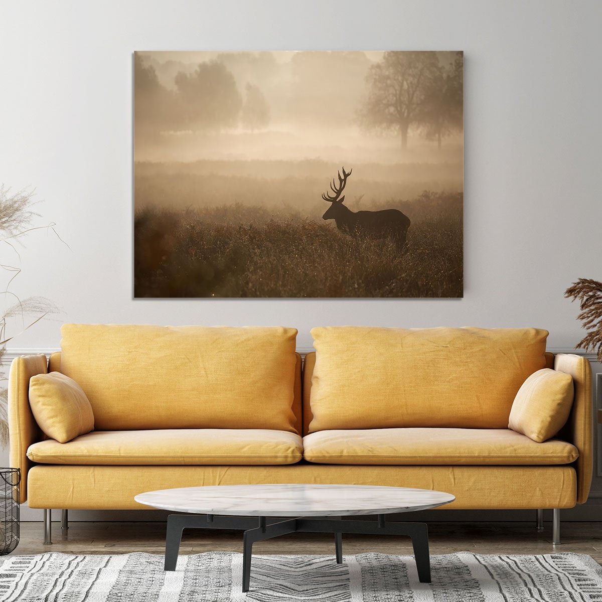 Large red deer stag in autumn mist Canvas Print or Poster