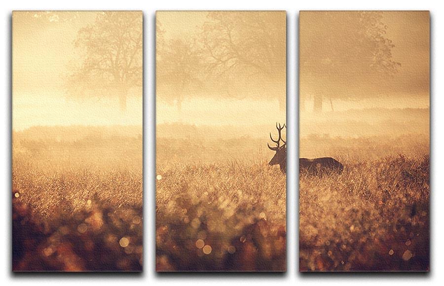 Large red deer stag silhouette in autumn mist 3 Split Panel Canvas Print - Canvas Art Rocks - 1