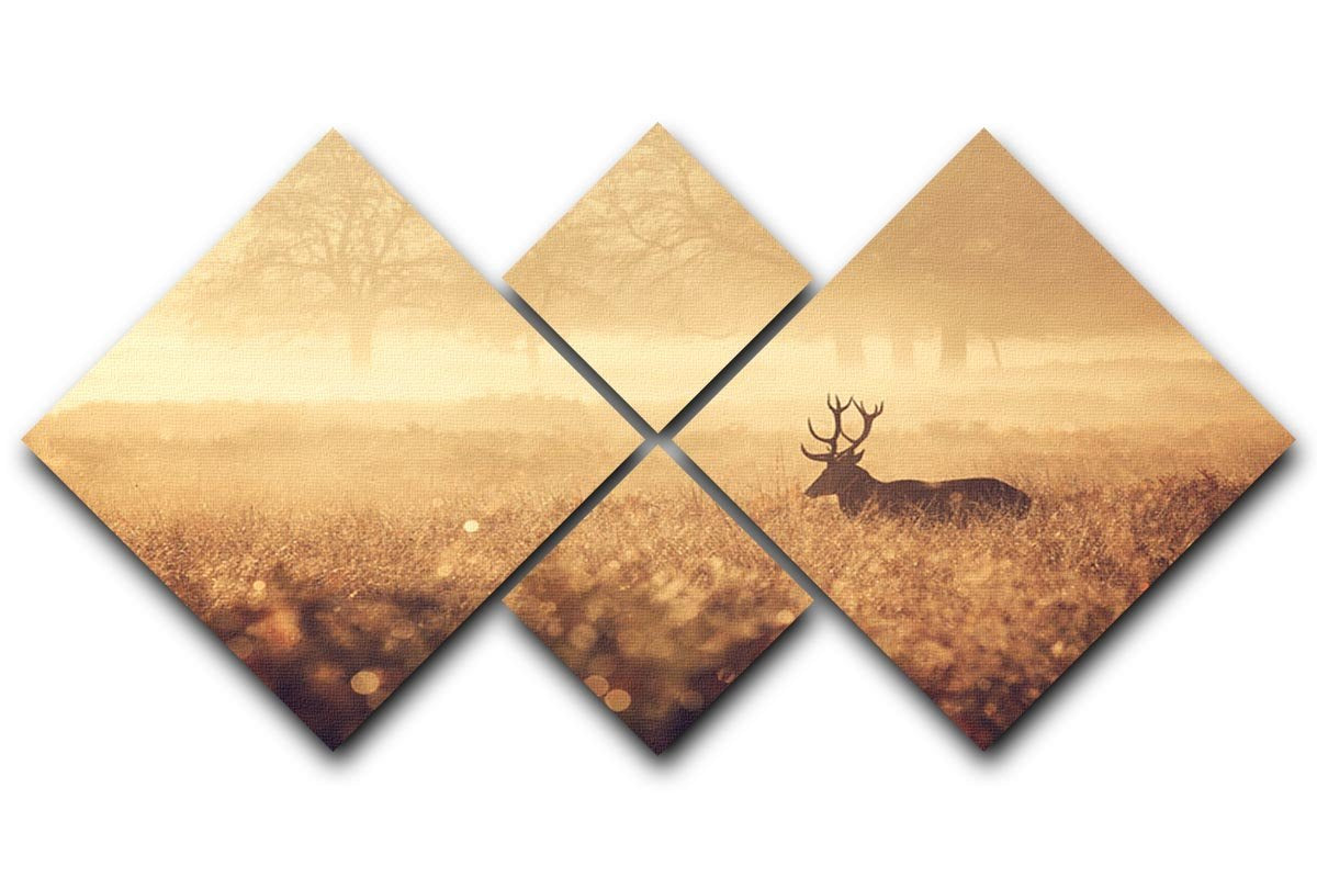 Large red deer stag silhouette in autumn mist 4 Square Multi Panel Canvas - Canvas Art Rocks - 1