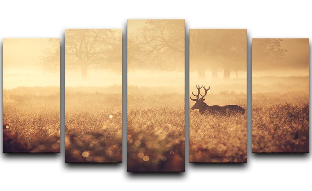 Large red deer stag silhouette in autumn mist 5 Split Panel Canvas - Canvas Art Rocks - 1