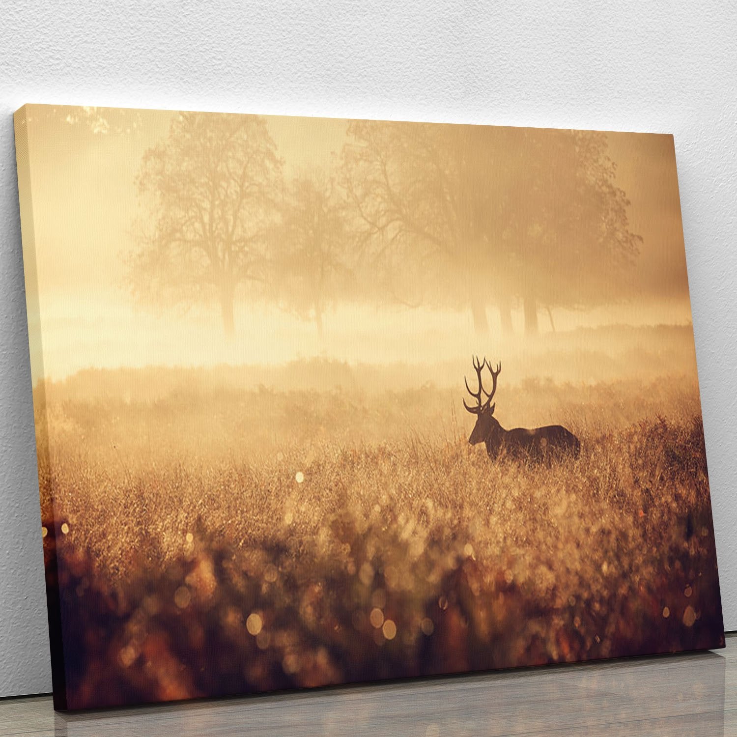 Large red deer stag silhouette in autumn mist Canvas Print or Poster