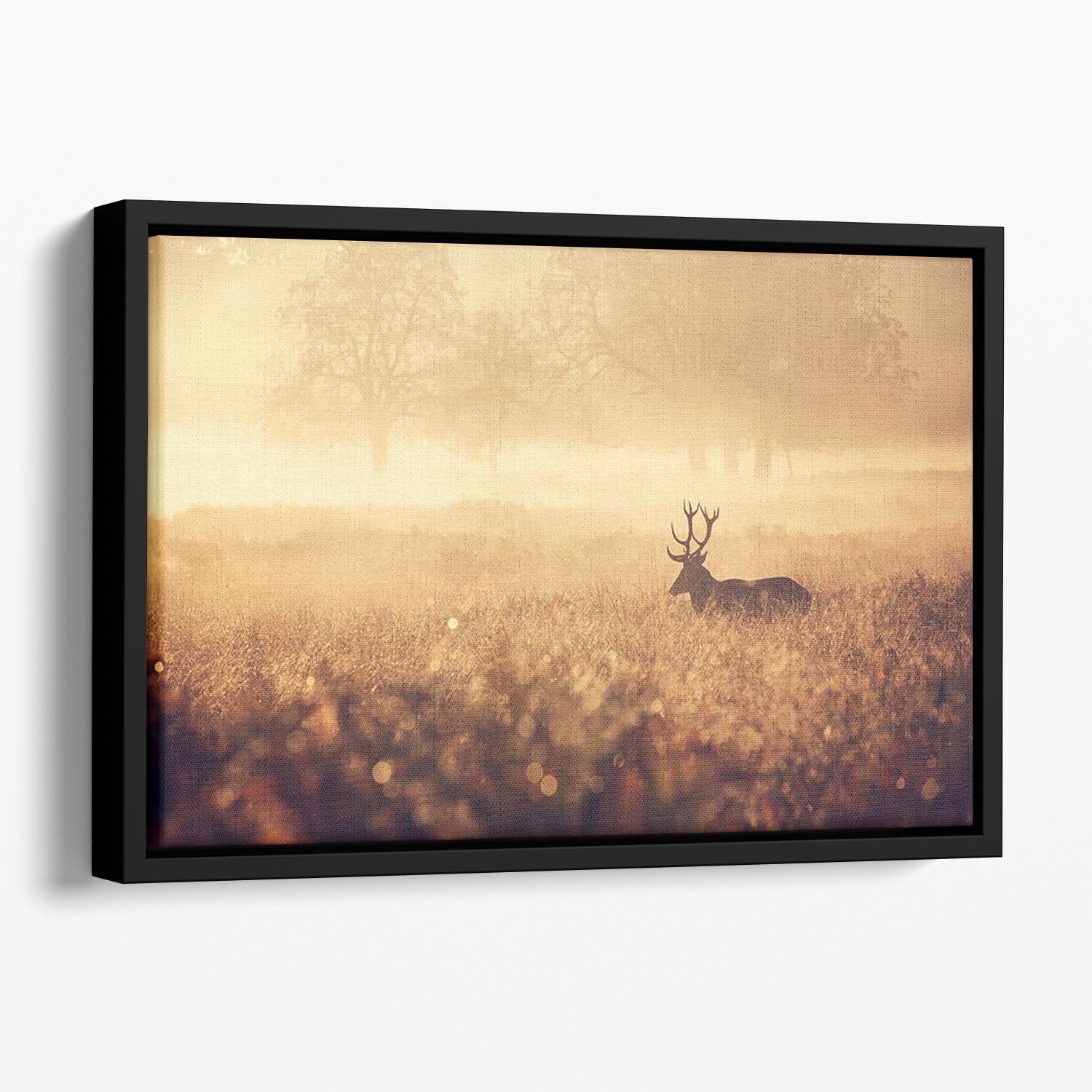 Large red deer stag silhouette in autumn mist Floating Framed Canvas - Canvas Art Rocks - 1