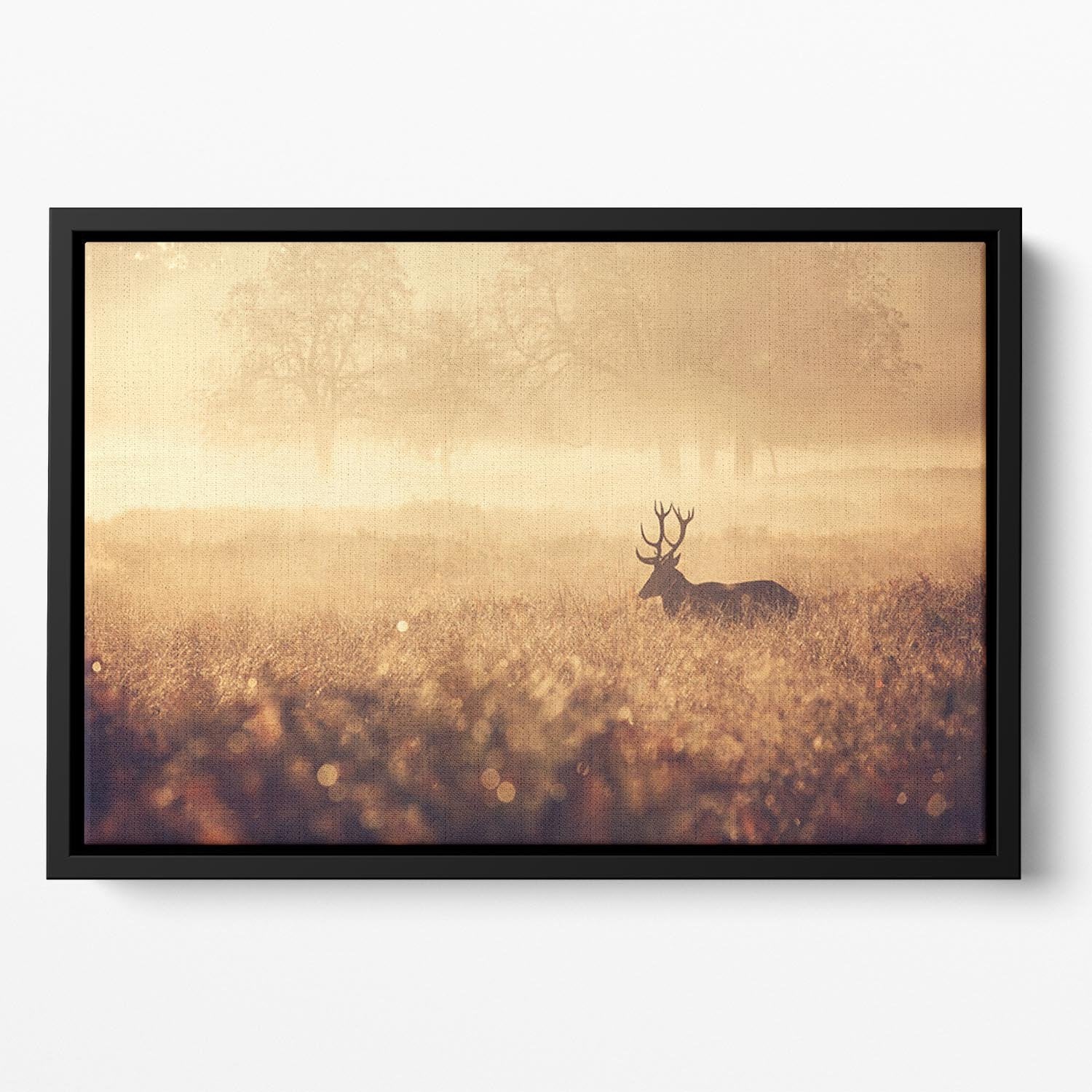 Large red deer stag silhouette in autumn mist Floating Framed Canvas - Canvas Art Rocks - 2