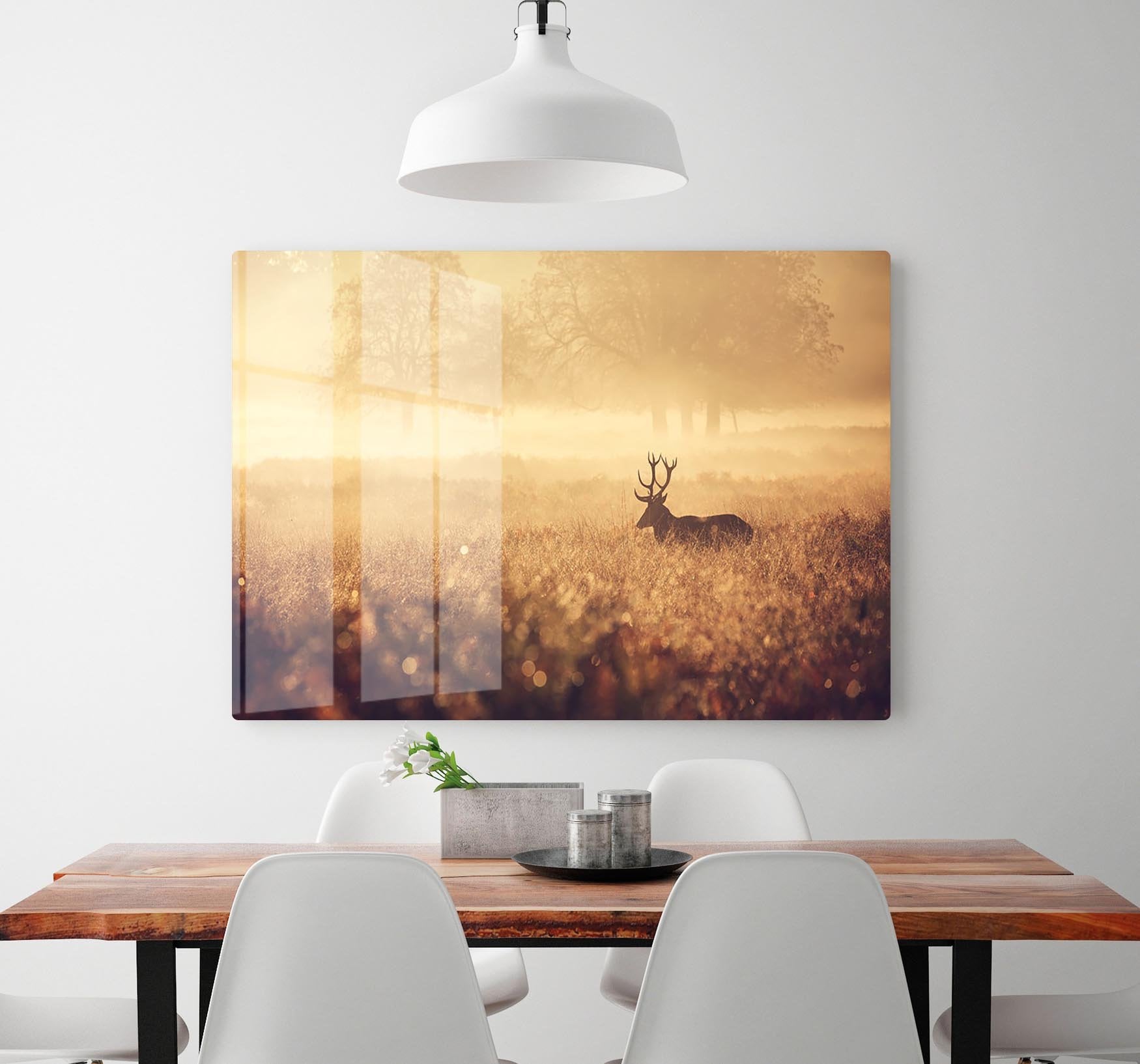 Large red deer stag silhouette in autumn mist HD Metal Print - Canvas Art Rocks - 2