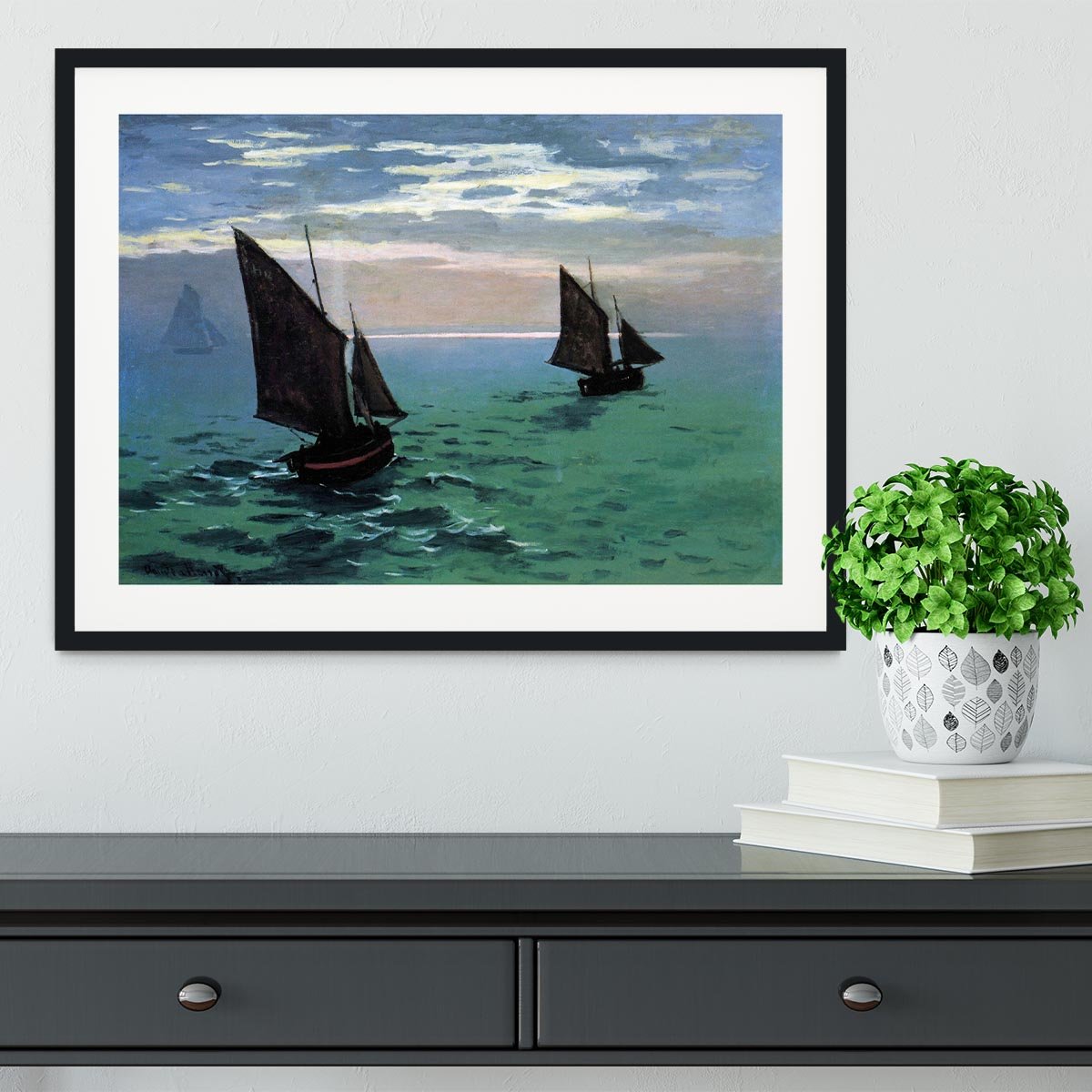 Le Havre exit the fishing boats from the port by Monet Framed Print - Canvas Art Rocks - 1