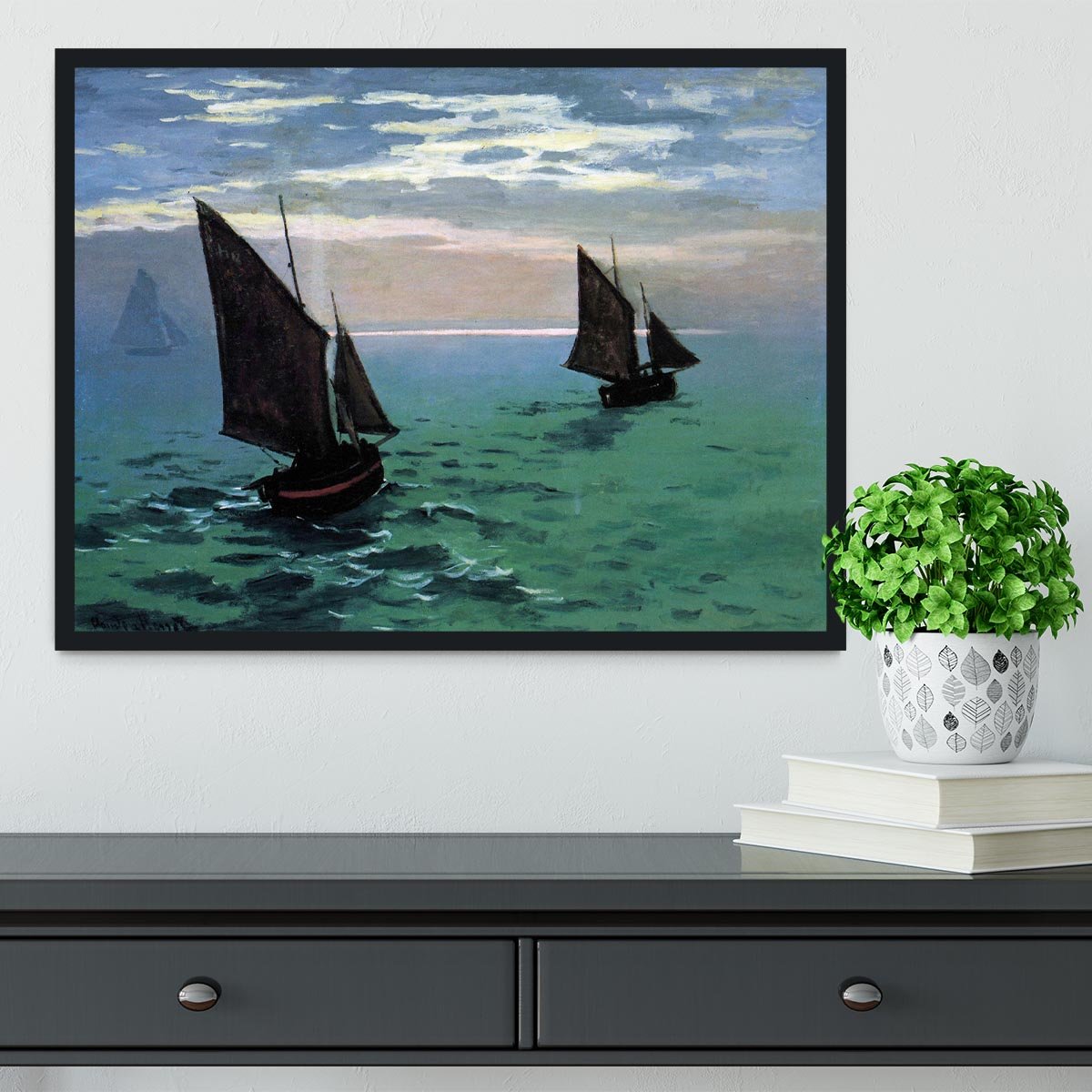 Le Havre exit the fishing boats from the port by Monet Framed Print - Canvas Art Rocks - 2