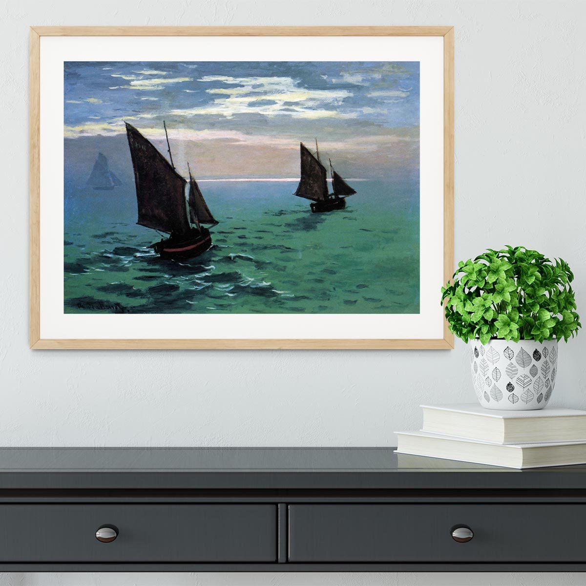Le Havre exit the fishing boats from the port by Monet Framed Print - Canvas Art Rocks - 3