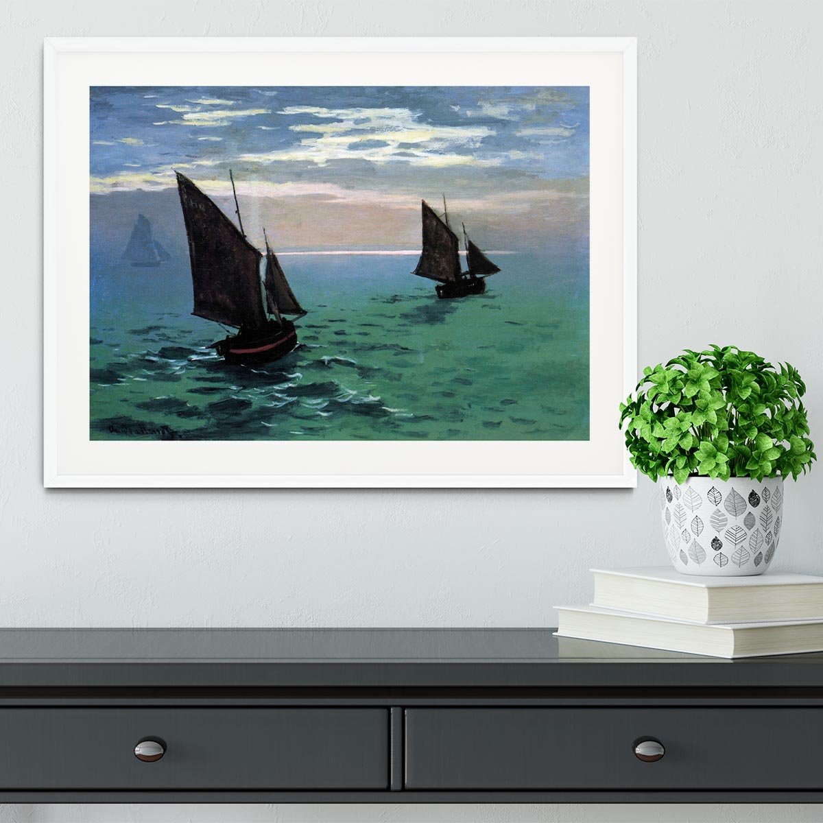 Le Havre exit the fishing boats from the port by Monet Framed Print - Canvas Art Rocks - 5
