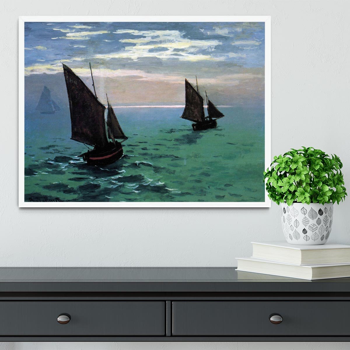 Le Havre exit the fishing boats from the port by Monet Framed Print - Canvas Art Rocks -6