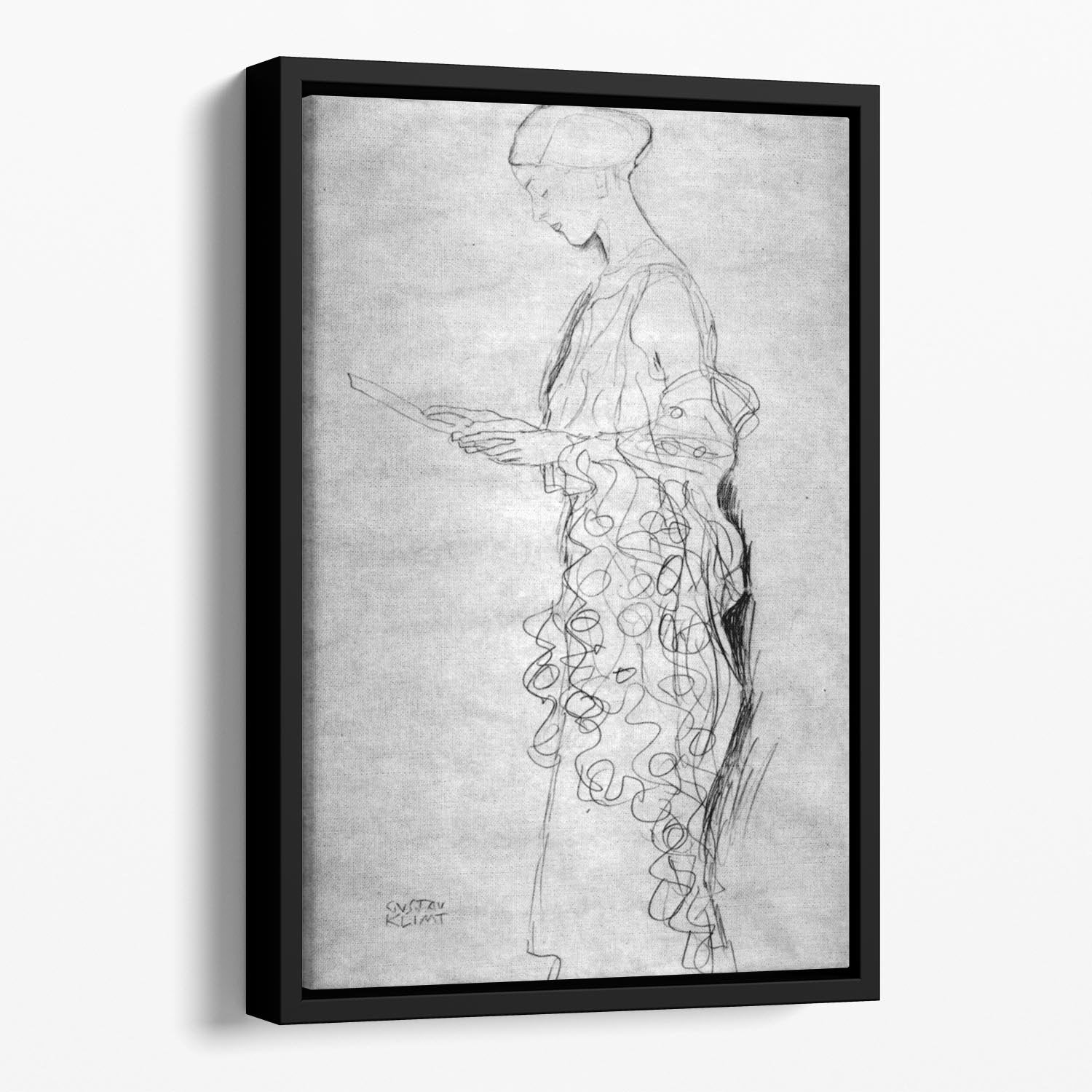 Lesendes girl in profile by Klimt Floating Framed Canvas