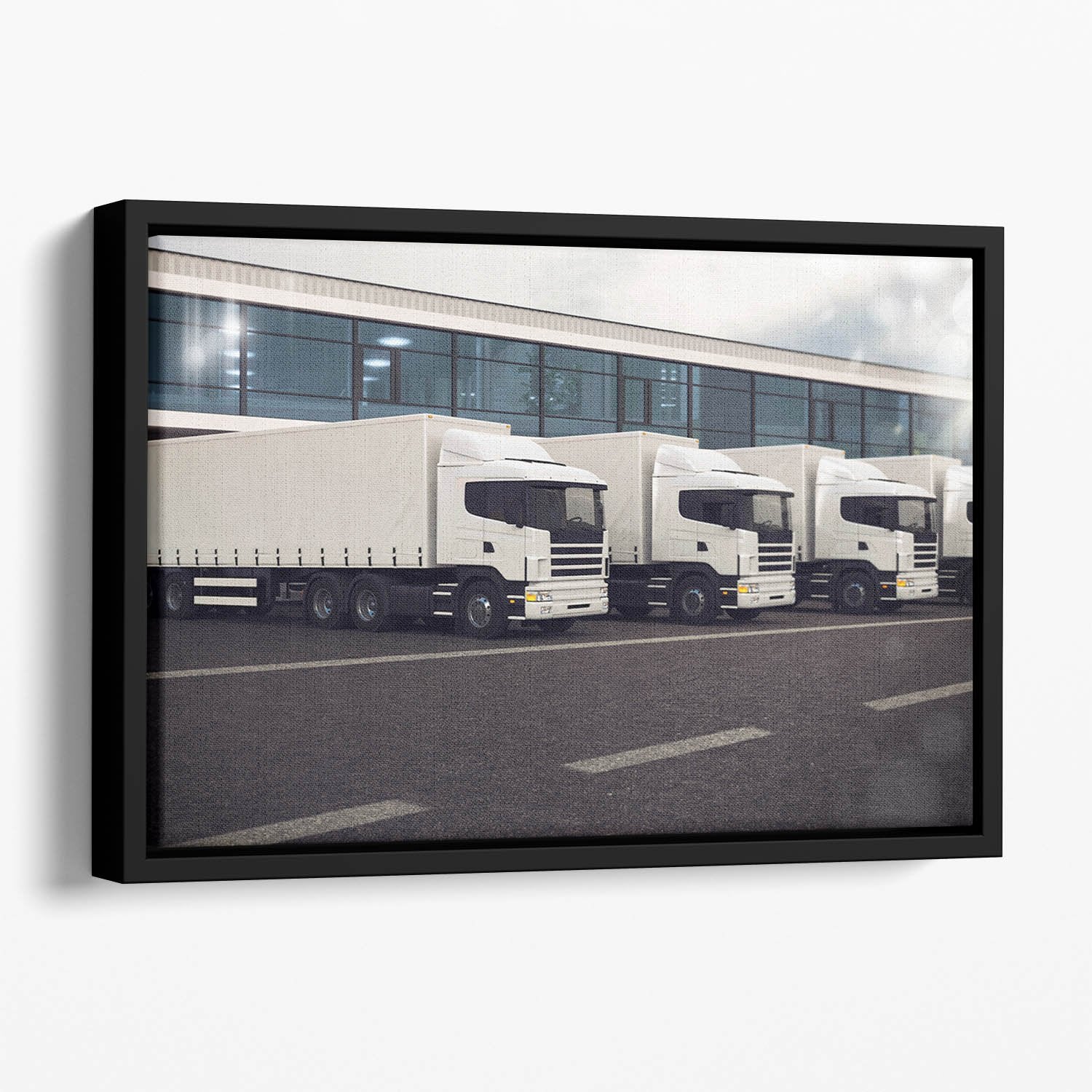 Line of white lorries Floating Framed Canvas