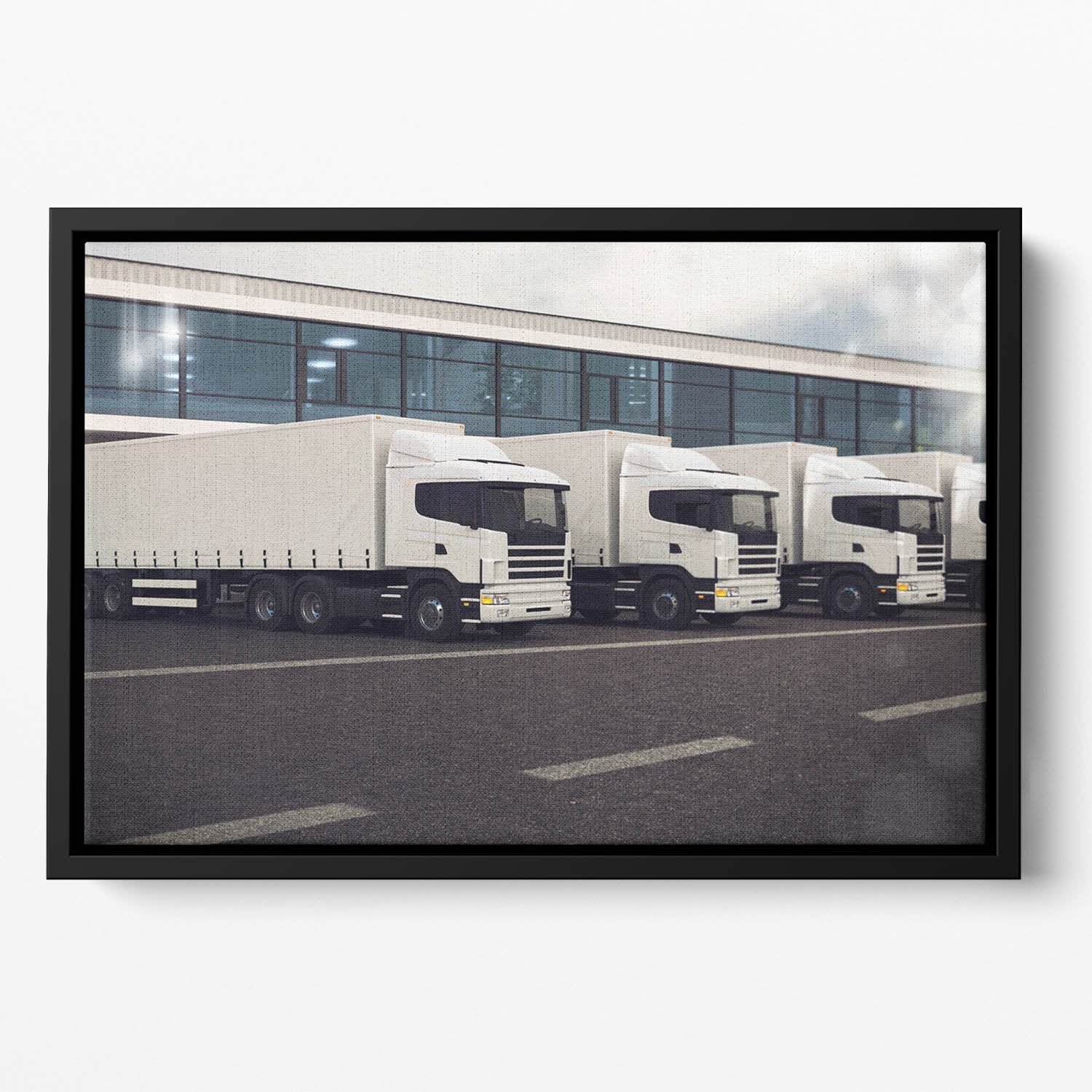 Line of white lorries Floating Framed Canvas