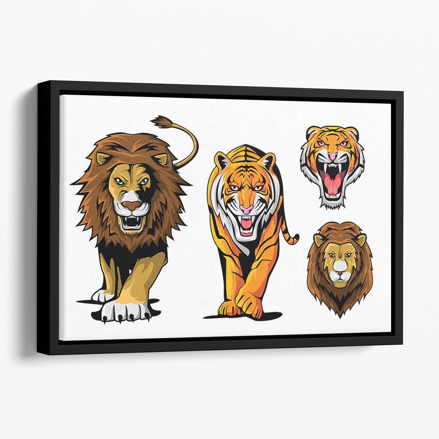 Lion And Tiger Floating Framed Canvas - Canvas Art Rocks - 1