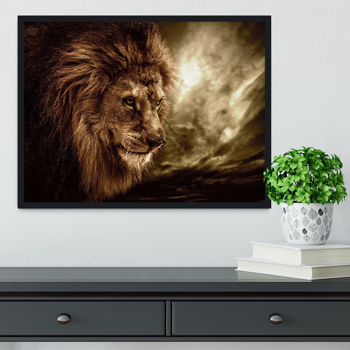 Lion against stormy sky Framed Print - Canvas Art Rocks - 2