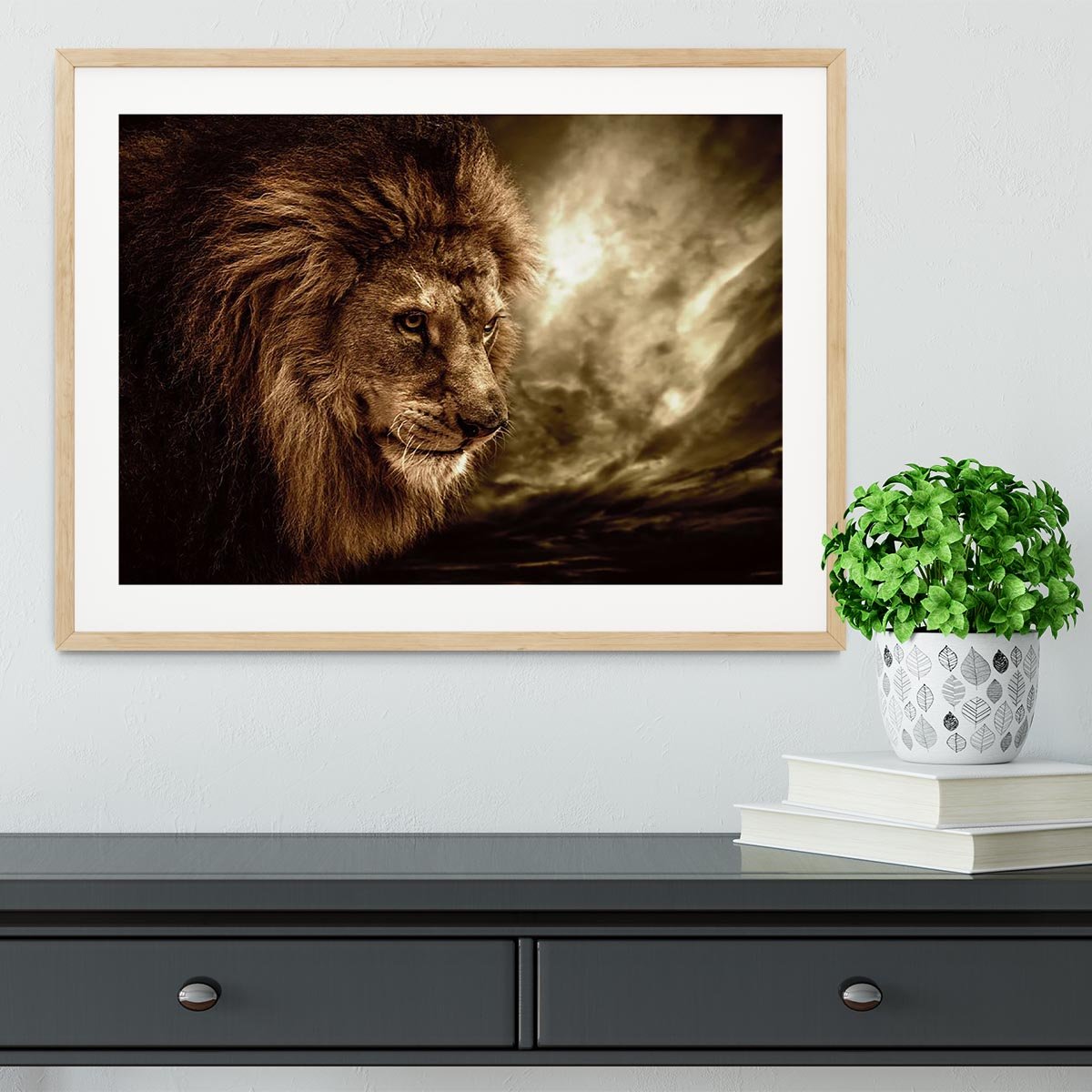Lion against stormy sky Framed Print - Canvas Art Rocks - 3