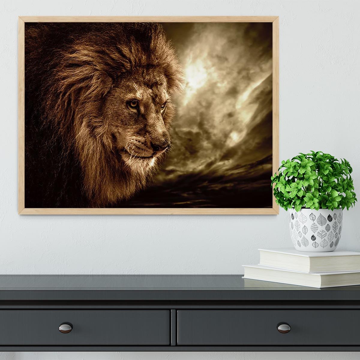 Lion against stormy sky Framed Print - Canvas Art Rocks - 4