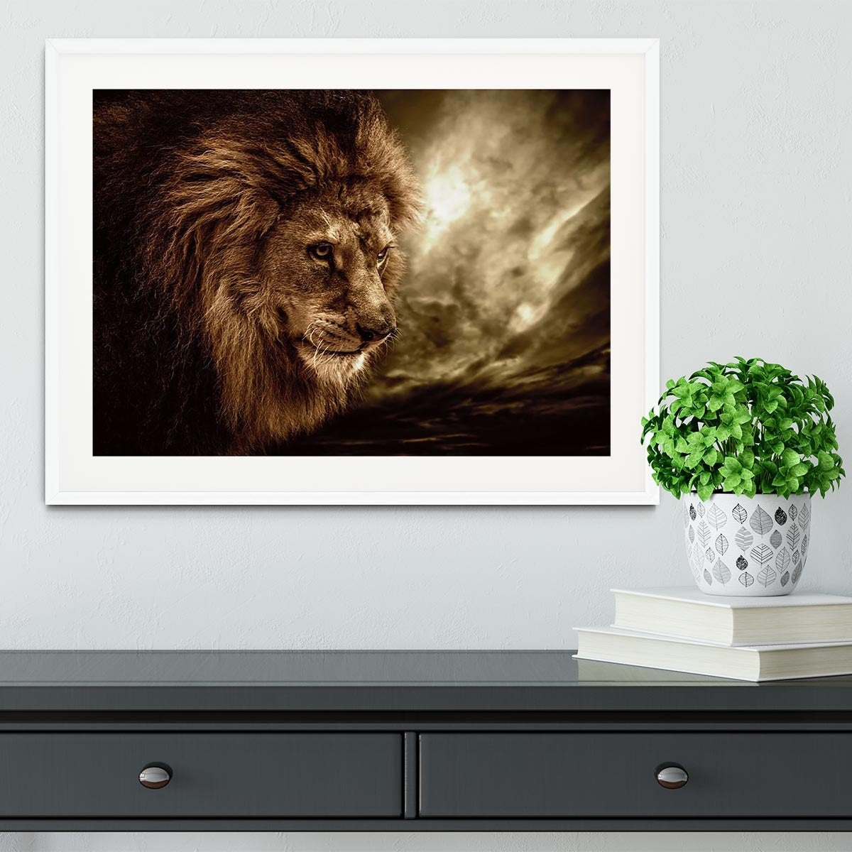 Lion against stormy sky Framed Print - Canvas Art Rocks - 5